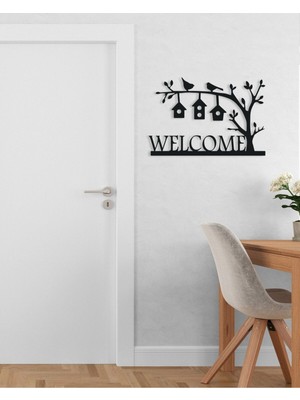 Ağaç Dalındaki Kafes ve Kuşlar ile Welcome Yazılı Metal Duvar Tablosu