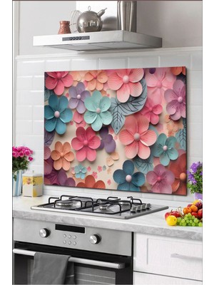 Cam Ocak Arkası Koruyucu Tezgah Ankastre Arkası Koruyucu 60X52 cm | Renkli Çiçekler