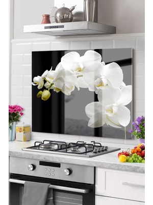 Premium Mutfak Cam Ocak Arkası Koruyucu Tezgah Ankastre Arkası Koruyucu 50X76CM | Çiçek Siyah