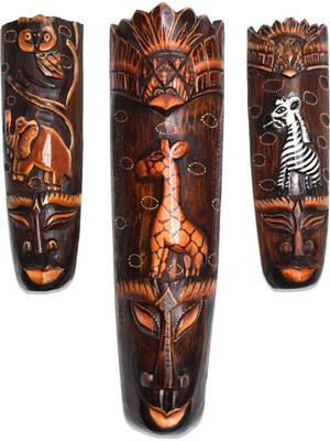 Üçlü Mask Seti Kuş Zürafa Ahşap Duvar Objesi Maske Yüz Surat