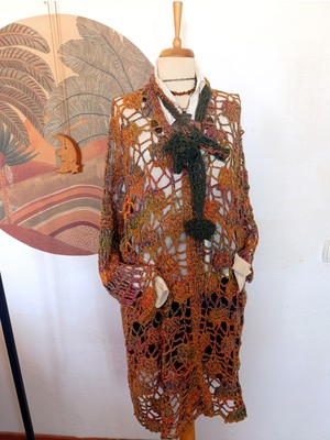 Tarçın Ebruli Pamuklu Ip Tığ Dokuma Elişi Tasarım Hırka