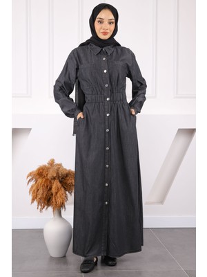 İmaj Butik Siyah Bel Lastikli Dügmeli Kot Elbise