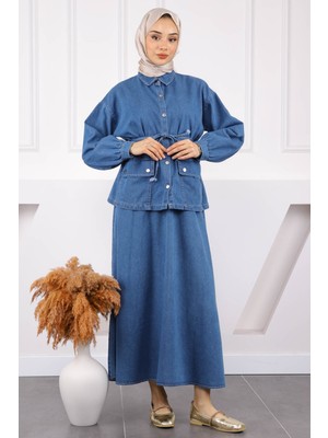 İmaj Butik Koyu Mavi Cepli Ceket Etekli Kot Takım