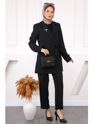 İmaj Butik Siyah Yan Baglamalı Krep Ceket Pantolonlu Takım