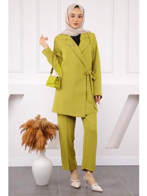 İmaj Butik Yağ Yeşili Yan Baglamalı Krep Ceket Pantolonlu Takım