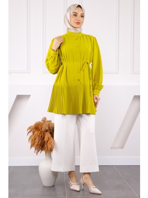 İmaj Butik Yağ Yeşili Eteği Piliseli Bel Kuşaklı Tunik