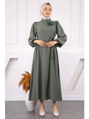 İmaj Butik Haki Balon Kol Kuşaklı Elbise