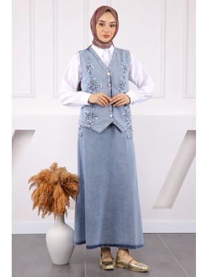 İmaj Butik Mavi Çiçek Nakışlı Yelek Etekli Kot Takım