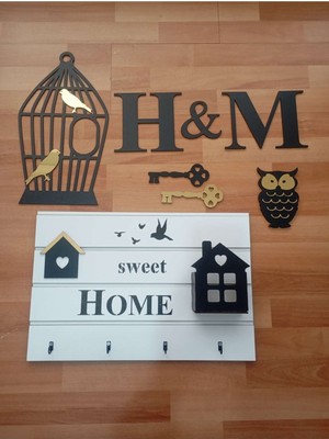 Anahtar Askılığı ve Duvar Dekorasyon Seti | Home Sweet Home | H & M | Kuş Kafesli Baykuşlu