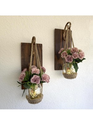 Duvar Dekoru, LED Işıklı, Kahve Karanfil Çiçekli, Ceviz Aplik Ikili Set