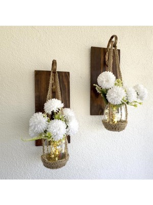Duvar Dekoru, LED Işıklı, Beyaz Kasımpatı Çiçekli, Ceviz Aplik Ikili Set