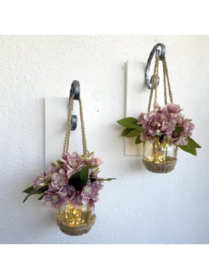 Duvar Dekoru, LED Işıklı, Kahve Yasemin Çiçekli, Beyaz Aplik Ikili Set