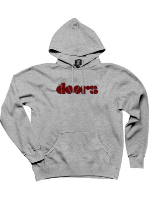 The Doors Logo Red Gri Kapşonlu Sweatshirt Hoodie
