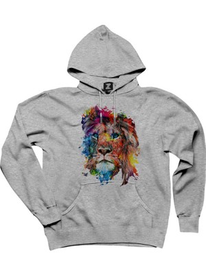 Lion Rainbow Gri Kapşonlu Sweatshirt Hoodie
