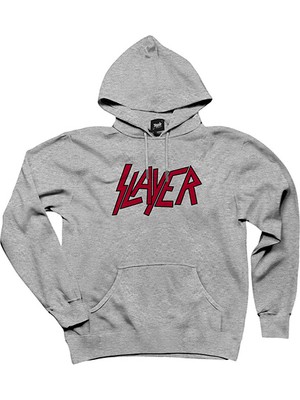 Slayer Logo Classic Gri Kapşonlu Sweatshirt Hoodie