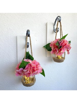 Duvar Dekoru, LED Işıklı, Pembe Islak Ortanca Çiçekli, Beyaz Aplik Ikili Set