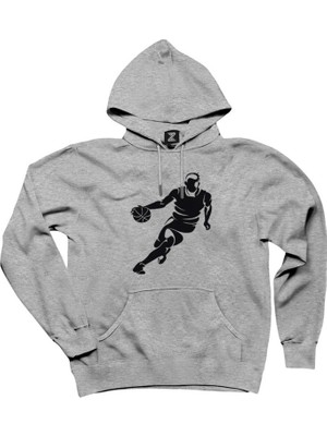 Basketball Hoop Siluet Gri Kapşonlu Sweatshirt Hoodie