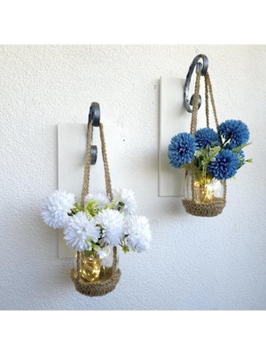 Duvar Dekoru, LED Işıklı, Mavi ve Beyaz Kasımpatı Çiçekli, Beyaz Aplik Ikili Set