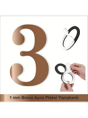 Kapı Daire Numarası 1 mm Bronz Ayna Pleksi Yapışkanlı No - 3 Üç