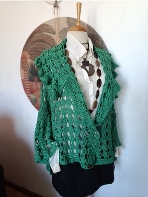 Yeşil Koton Ip Volan Yakalı Asimetri Tığ Dokuma Dantel El Işi Hırka