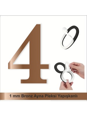 Kapı Daire Numarası 1 mm Bronz Ayna Pleksi Yapışkanlı No - 4 Dört