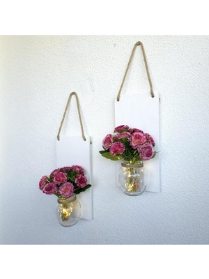 LED Işıklı, Mor Karanfil Çiçekli Duvar Dekoru Beyaz Ikili Set