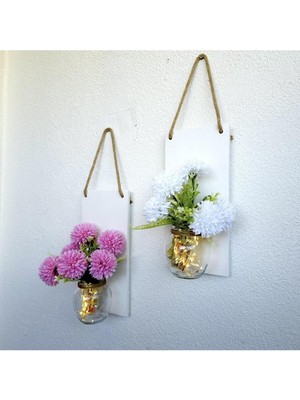 LED Işıklı, Pembe ve Beyaz Kasımpatı Çiçekli Duvar Dekoru Beyaz Ikili Set