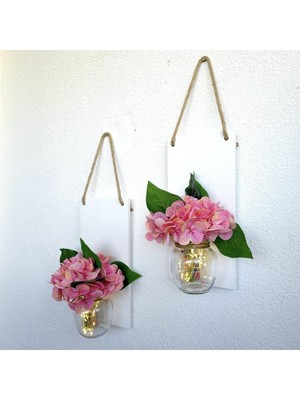 LED Işıklı, Pembe Islak Ortanca Çiçekli Duvar Dekoru Beyaz Ikili Set