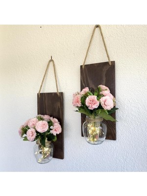 LED Işıklı, Pembe Karanfil Çiçekli Duvar Dekoru Ceviz Ikili Set
