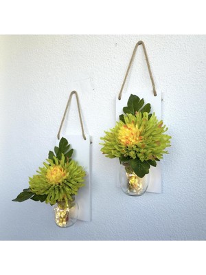 LED Işıklı, Yeşil Anastasya Çiçekli Duvar Dekoru Beyaz Ikili Set