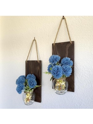 LED Işıklı, Mavi Kasımpatı Çiçekli Duvar Dekoru Ceviz Ikili Set