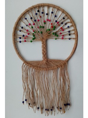 Hayat Ağacı Duvar Dekoru - Hasır Ip, Doğal Görünüm - Dekoratif Düş Kapanı - Duvar Süsü - Rüya Kovuc