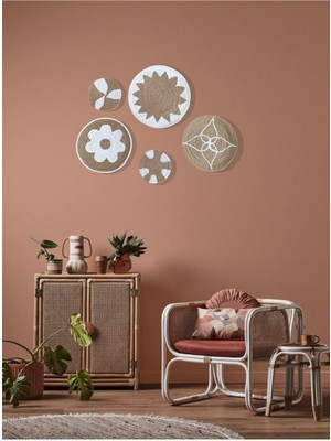 Afrika Tabağı 5'li Beyaz Renk Jut Ipi Ile El Yapımı Afrikan Tarz Duvar Dekarasyonu