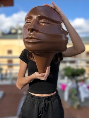Soyut 3D Yüz Heykeli – Modern Duvar Sanatı | El Yapımı Dekoratif Mask | 48X32 cm Çağdaş Heykel Duva