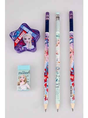 Lisanslı Elsa Frozen 3 Adet Silgili Kurşun Kalem,yıldız Kalemtraş ve Silgi Seti