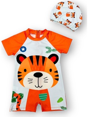 Kısa Kollu Kaplan Desenli Erkek Bebek Çocuk Mayo Takımı - Şapkalı - Hızlı Kuruyan - Yazlık