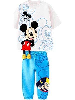 Erkek Çocuk Eğlenceli Mickey Sarkık Detaylı Mavi Renk Pamuklu T-Shirt Eşofman Alt Üst Takım