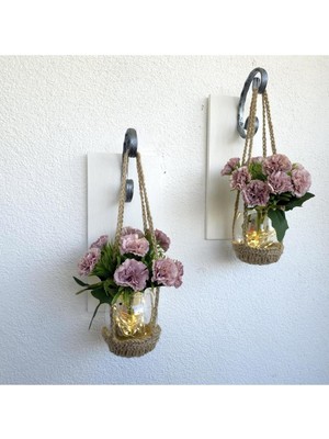 Duvar Dekoru, LED Işıklı, Kahve Karanfil Çiçekli, Beyaz Aplik Ikili Set