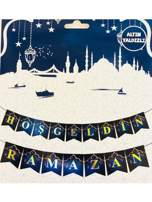 Hoşgeldin Ramazan Yazılı Altın Yaldızlı Kaligrafi Banner Gold Renkli Duvar Süsü