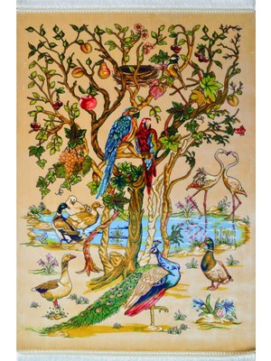 Bambu Iplikten Dokuma Bej Renk Papağan Tasvirli Iran Duvar Halısı (60X90 Cm)