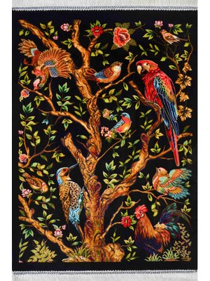 Bambu Iplikten Dokuma Siyah Renk Papağan Tasvirli Iran Duvar Halısı (50X70 Cm)