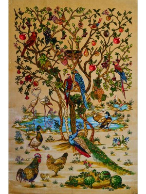 Bambu Iplikten Dokuma Bej Renk Papağan Tasvirli Iran Duvar Halısı (60X90 Cm)
