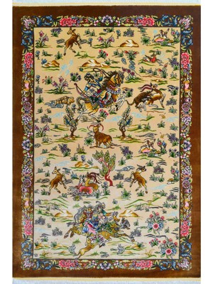 Bambu Iplikten Dokuma Av Sahnesi Tasvirli Iran Duvar Halısı (60X90 Cm)
