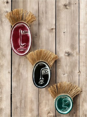 Soyut Yüz 3lü Beton Duvar Süsü, Doğal Rafya, Karma