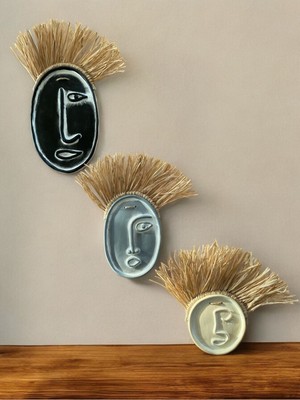 Soyut Yüz 3lü Beton Duvar Süsü, Doğal Rafya, Karma