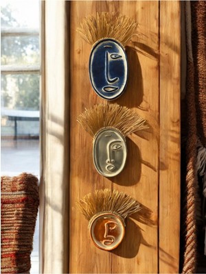 Soyut Yüz 3lü Beton Duvar Süsü, Doğal Rafya, Karma