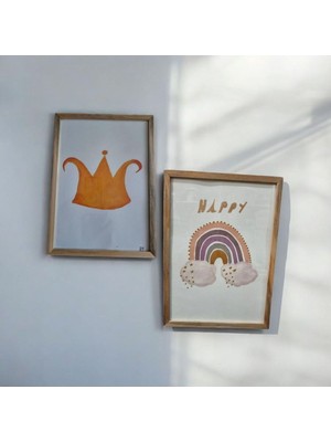 El Cizimi El Boyaması 2'li Tablo Çocuk Odası Tablo Ahşap Çerçeve Kral Tacı Happy Tablo Gökkuşağı
