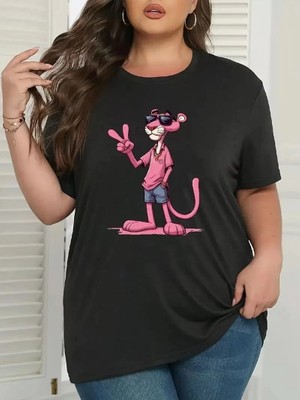 Pembe Panter Baskılı Oversize Bisiklet Yaka T-Shirt - Beyaz