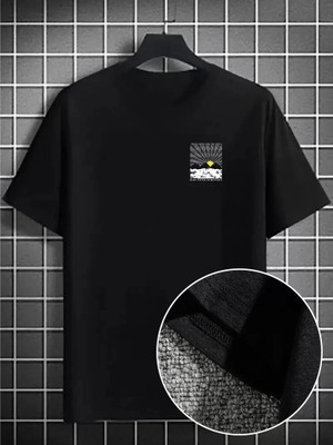 Erkek Dağ Grafikli Tişört, Yaz Için Büyük Beden Rahat T-Shirt - Siyah