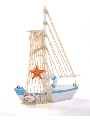 Marin Tekne Deniz Kabuklarıyla Süslenmiş Ahşap Yelkenli Biblo Ofis Dekorasyon Tekne 22,5 cm  x 15 cm